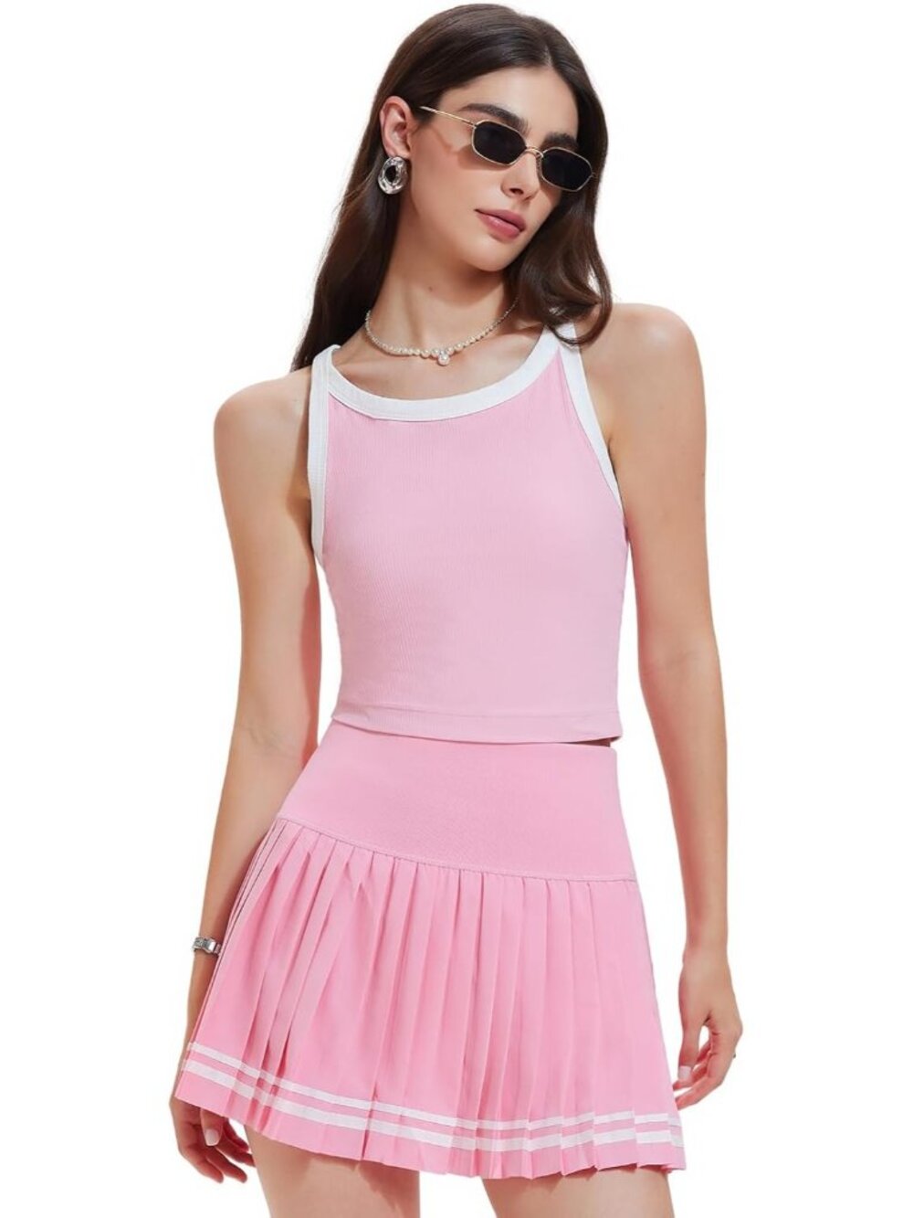 Women's Light Pink 2 Piece Racer Back Tennis Skirt Tank Top Pull On Golf Dress